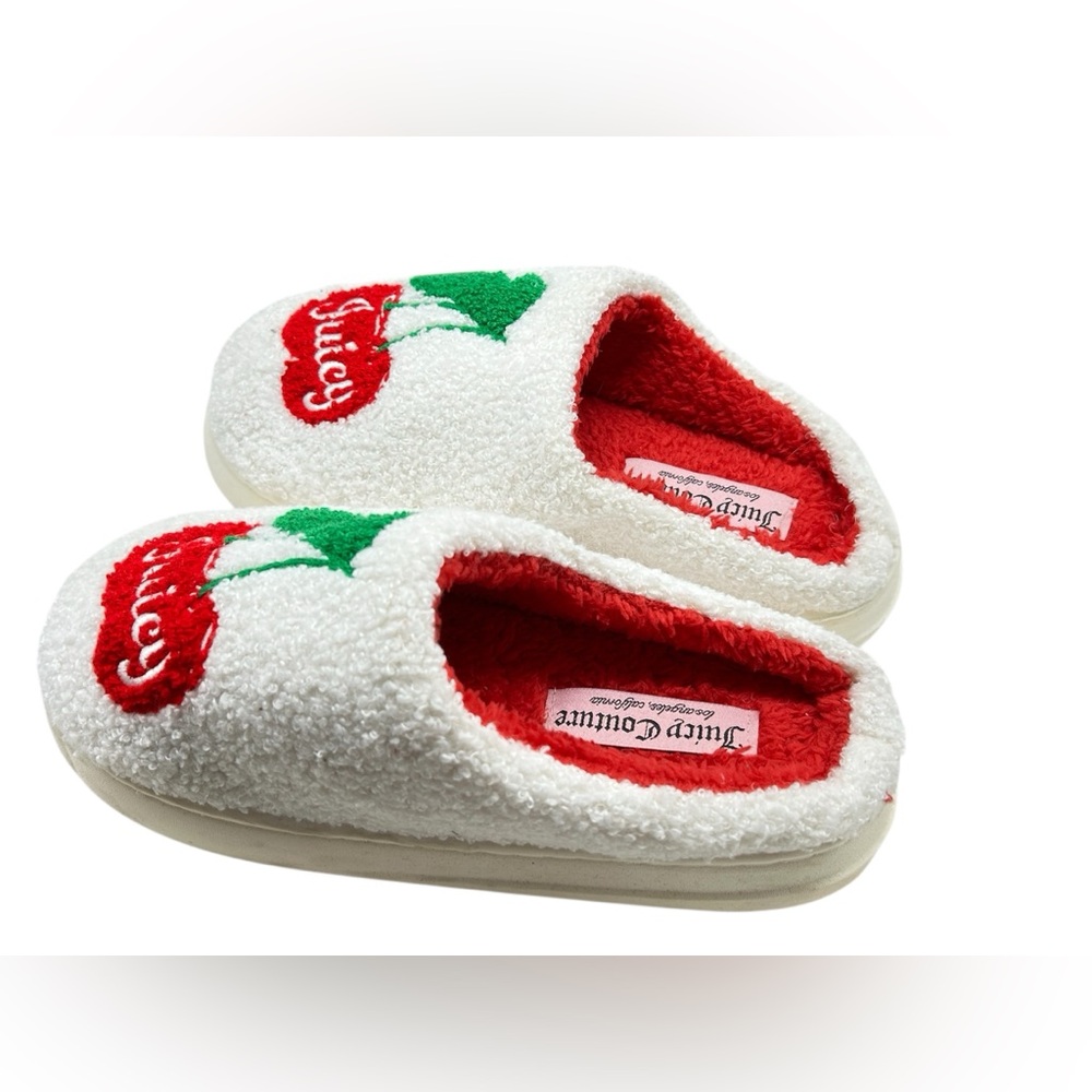 Juicy Couture White Plush Cherry Slip-On Slippers with Red Lining - Picture 3 of 8